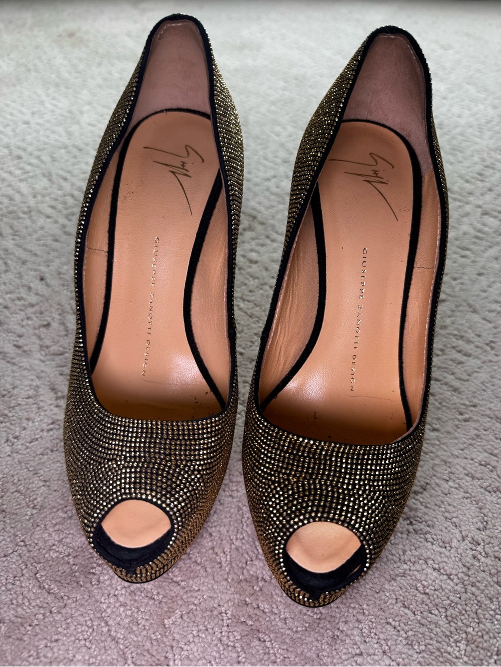 Giuseppe Zanotti Gold Studded Suede Embellished Peep Toe Platform Pumps - Picture 9 of 10